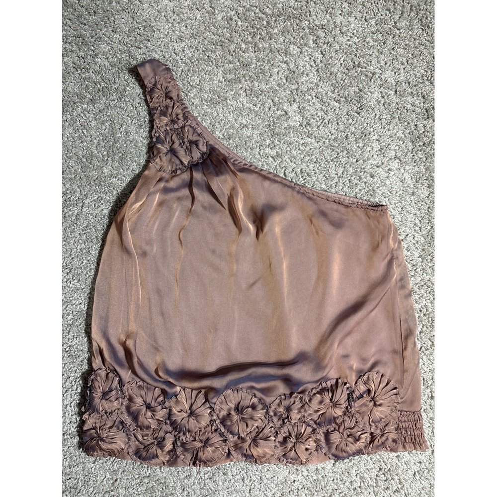 Y2K Twenty One One Shoulder Satin Rosette Blouse Mauve Large Floral Smocked Top